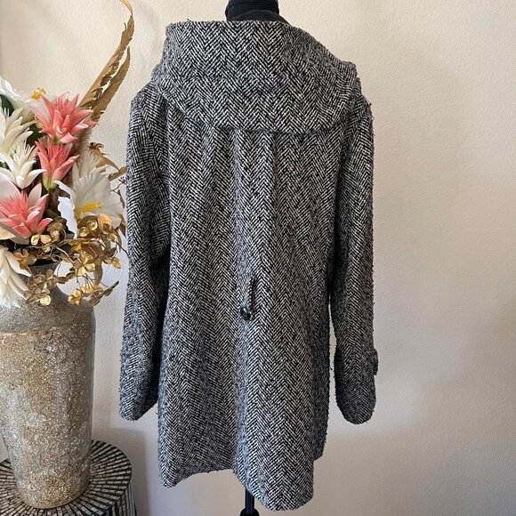George Herringbone Wool Blend Hooded Coat with Hidden Buttons Black & White 3XL - Picture 4 of 13